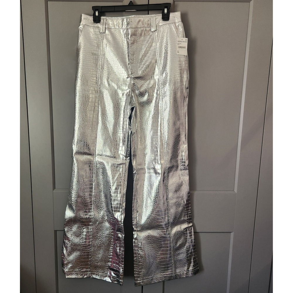 New AVEC LES FILLES Metallic Silver Crocodile Embossed Faux Leather Pants 10